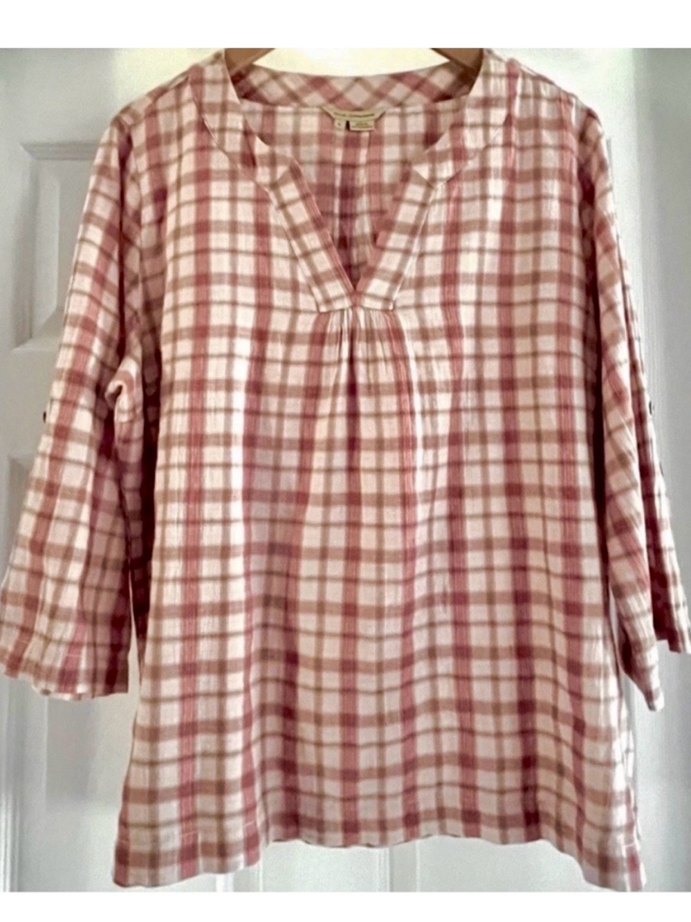 ROYAL ROBBINS Pullover Plaid Shirt Roll-Tab Sleeves Popover Blouse